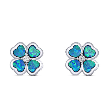 Plumeria Stud Earring Simulated Cubic Zirconia Created Blue Opal Solid 925 Sterling Silver (9mm)